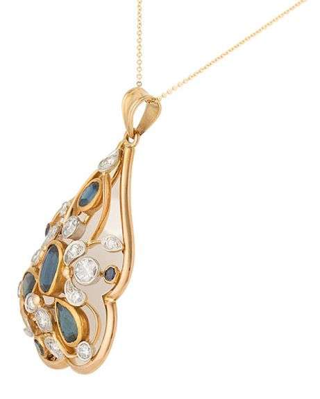 6.0ctw Sapphire and 1.75ctw Diamond Art Nouveau Pendant Necklace in 18K