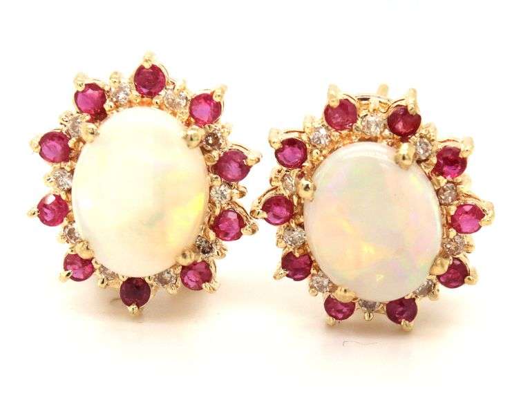 14kt Yellow gold oval opal and diamond and ruby halo earrings
