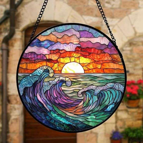 Stained Glass Clouds and Sea Waves Suncatcher