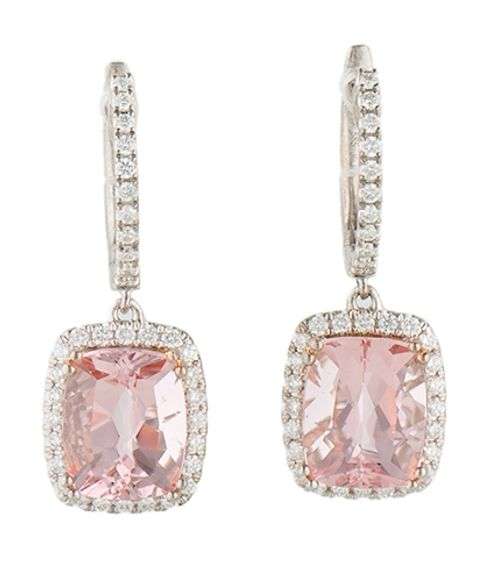 5.58ctw Radiant Morganite and 0.60ctw Diamond Frame Drop Earrings in 14K