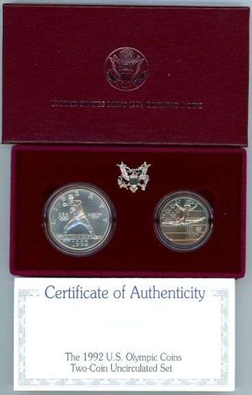 1992 US Olympic BU Silver Dollar and Half Dollar in Box w/CoA