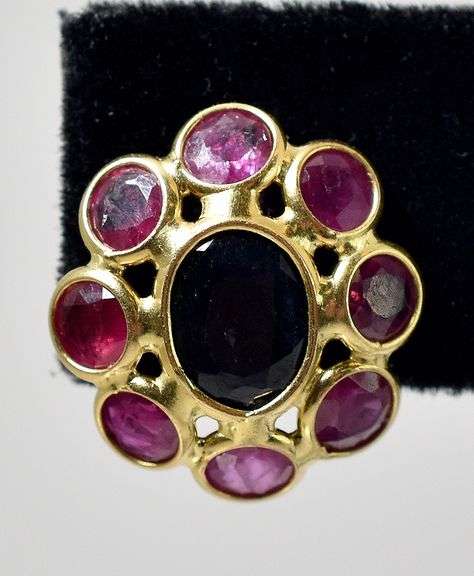 Perfect 18K Yellow Gold Blue Sapphire and Ruby Gemstone Stud Earrings