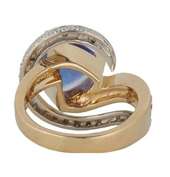 Trillion Cut Tanzanite and1.00ctw Diamond Swirl Two Tone Statement Ring in 14K