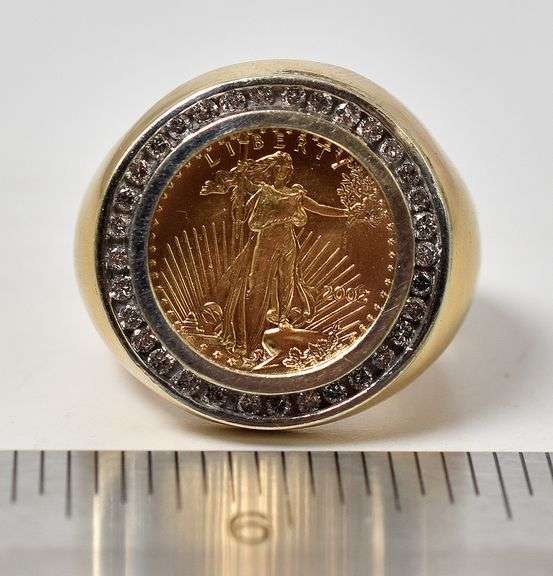 Marvelous 18K Yellow Gold 1/10th oz Gold Liberty Coin and Diamond Ring