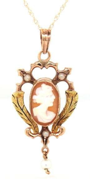 Antique Cameo and seed pearl pendant on chain
