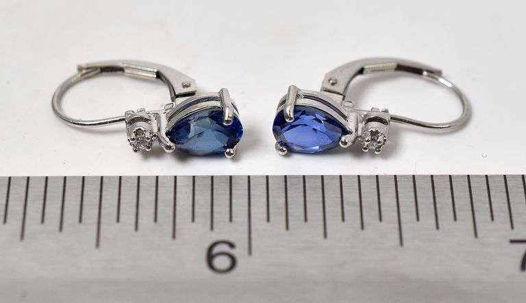 Elegant 14K White Gold Synthetic Blue Sapphire Gemstone and Diamond Dangle Earrings