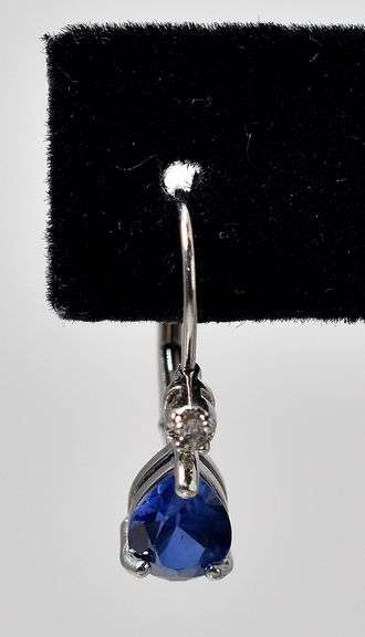Elegant 14K White Gold Synthetic Blue Sapphire Gemstone and Diamond Dangle Earrings