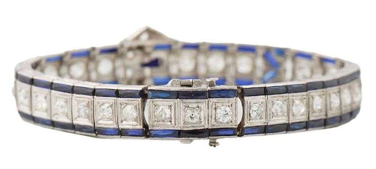 3.00ctw Old European Diamond and Synthetic Sapphire Art Deco Bracelet in 18K