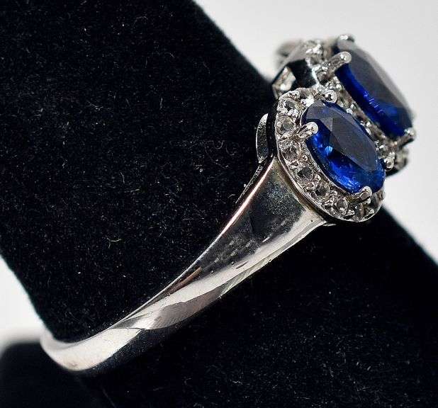 Synthetic Blue Sapphire and CZ Gemstone Ring in 925 Sterling Silver