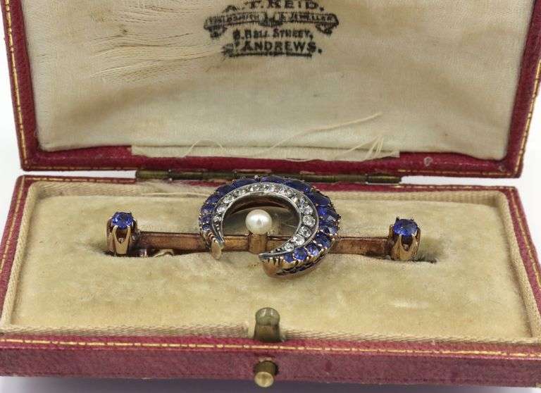 Antique 2.10ctw sapphire, diamond and pearl moon brooch