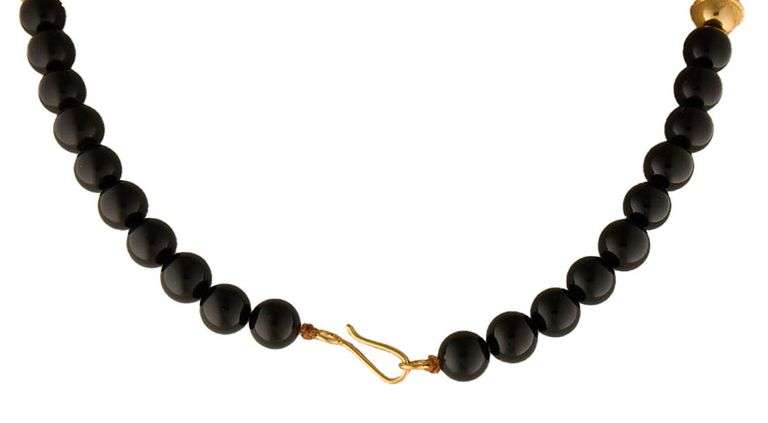 Black Onyx Bead and Triple Milgrain Station Strand Necklace in 22K