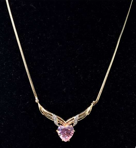 Sparkling 14K Yellow Gold Pink Topaz Gemstone and Diamond Pendant Necklace