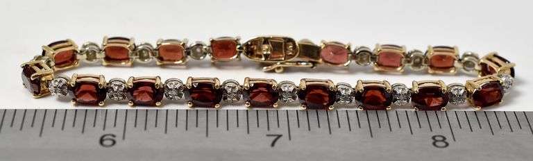 Elegant 10K Yellow Gold Red Garnet Gemstone and Diamond Bracelet