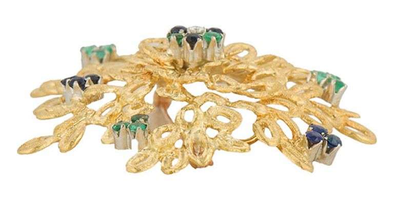 Vintage Toliro Emerald Sapphire and Diamond Brooch in 18K