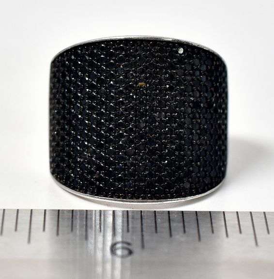 Wide Band Black Spinel Gemstone Ring in Sterling Silver