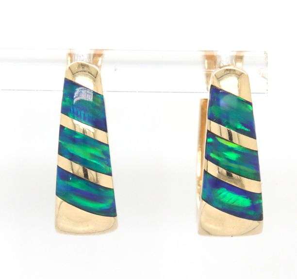 Pretty 14K YG Huggie Earrings with Opal Inlay
