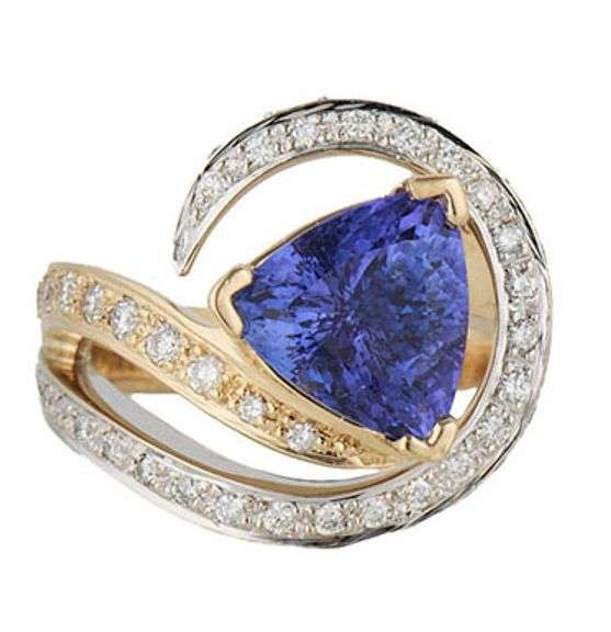 Trillion Cut Tanzanite and1.00ctw Diamond Swirl Two Tone Statement Ring in 14K