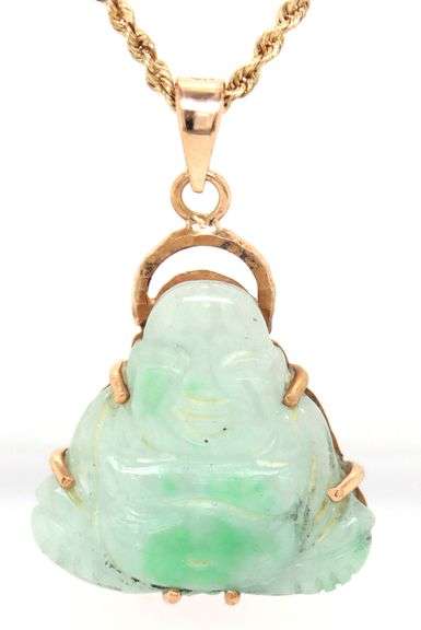14kt Yellow gold green Jade laughing Buddha pendant on chain
