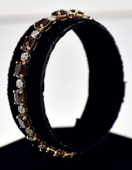 Elegant 10K Yellow Gold Red Garnet Gemstone and Diamond Bracelet