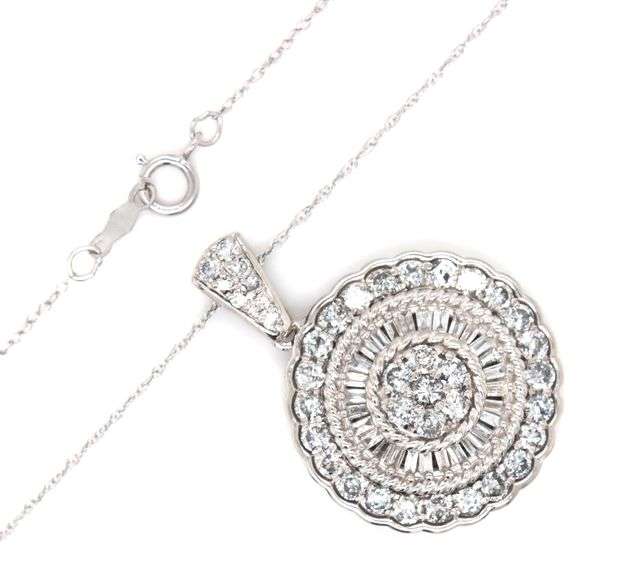 10kt White gold 1.85ctw round and baguette cluster round pendant on chain