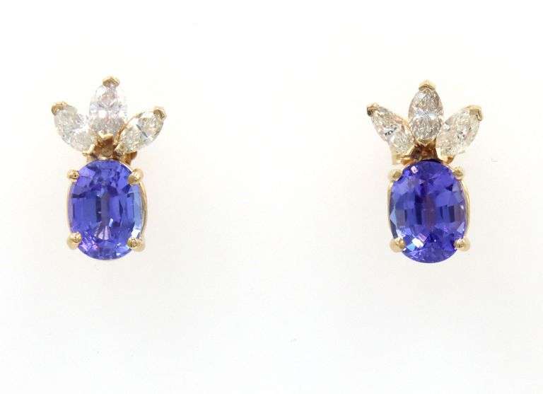 14kt Yellow gold oval tanzanite and diamond marquise stud earrings