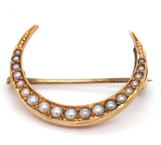 14kt Yellow gold Cresent moon seed pearl pin brooch
