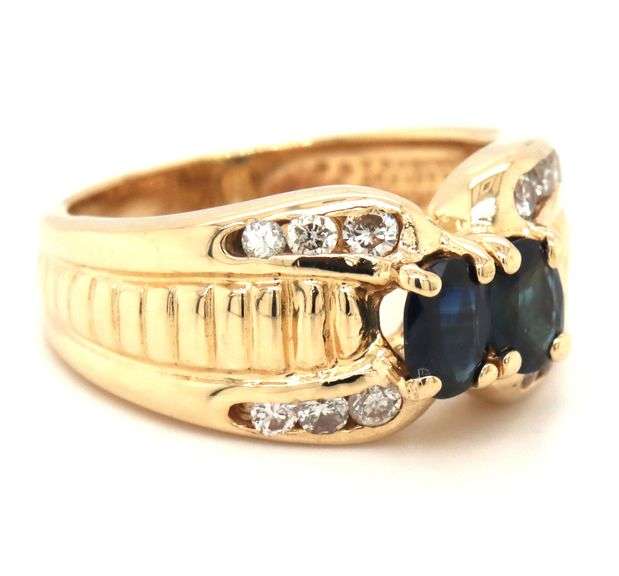 14kt Yellow gold double oval sapphire and channel set diamond ring