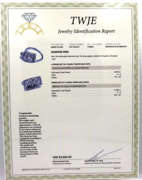14kt White gold 1.05ctw three diamond bypass ring