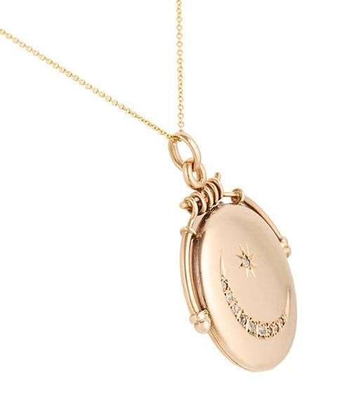 Antique 0.22ctw Diamond Crescent Moon and Star Locket Pendant Necklace in 14K