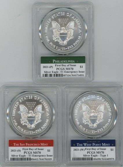 2021-(P-S-W) T1 SILVER EAGLE FDOI ER PCGS MS70 REAGAN SIGNATURE SERIES