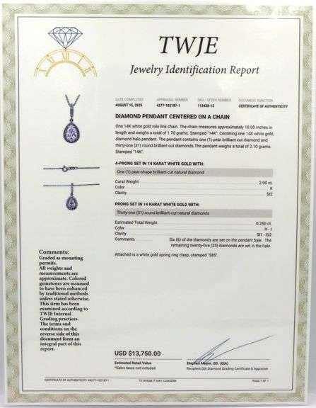 14kt White gold 2ct pear shaped diamond in 1/4ctw halo pendant on chain