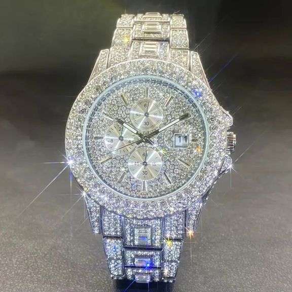 Iced Quartz Watch with Rhinestones Waterproof