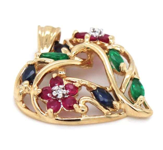 Colorful 10K YG Floral Motif Ring, Earring, and Pendant Suite