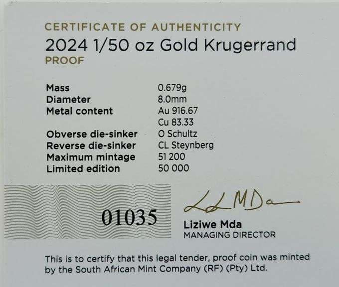 2024 1/50 OZ. Proof Gold Krugerrand