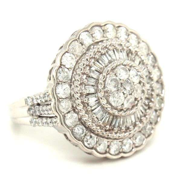 10kt White gold 2ctw round and baguette halo diamond cluster ring