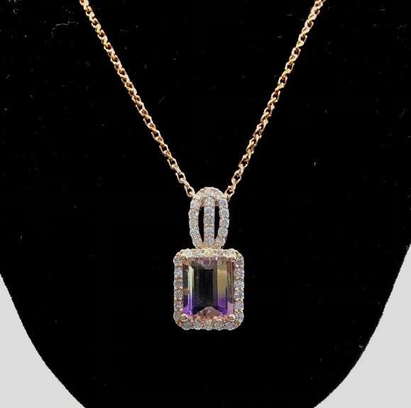 Set of 14K Rose Gold Chain with Diamonds & Bi-color Topaz Pendant & Ring