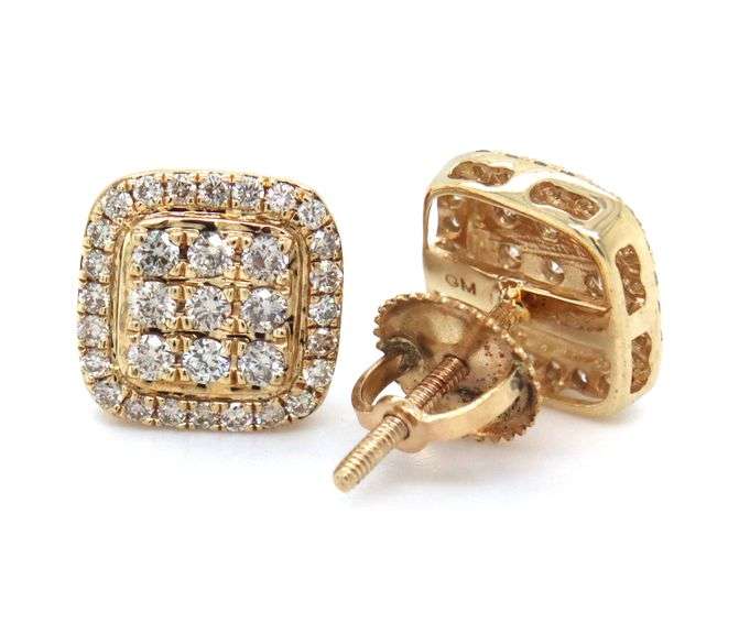 10kt Yellow gold 0.50ctw Square halo diamond cluster stud earrings