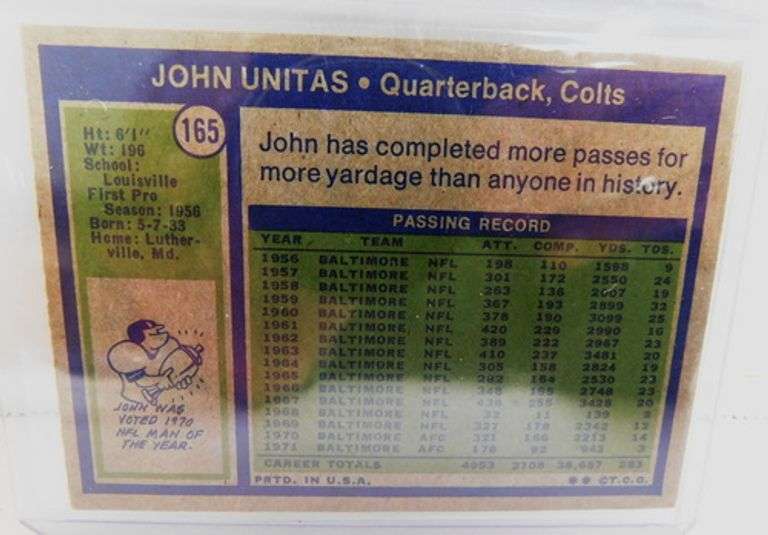John Unitas 1972 Topps Football Card