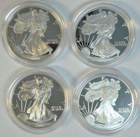 4 Diff Gem Cameo Proof $1 Silver Eagles 2000-2005, Velvet Boxes