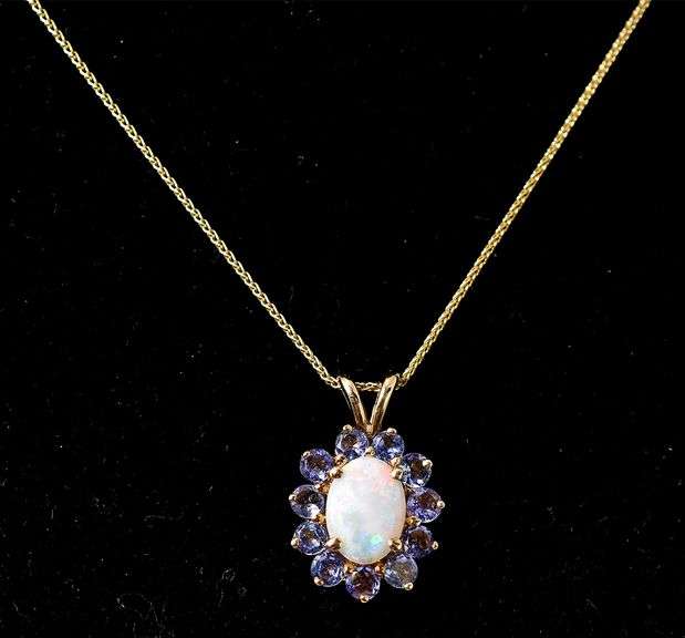 Pretty 14K Yellow Gold Opal and Amethyst Gemstone Pendant Necklace