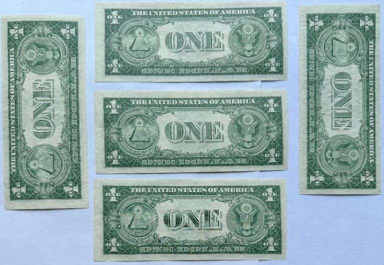 Five Near Consecutive 1935 E Unc $1 Silver Certificates
