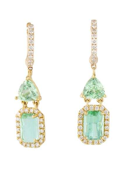 Emerald and Trillion Cut Prasiolite and 0.22ctw Diamond Frame Dangle Earrings in 14K