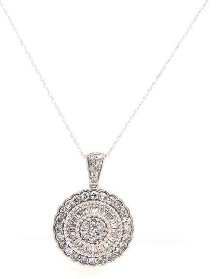10kt White gold 1.85ctw round and baguette cluster round pendant on chain