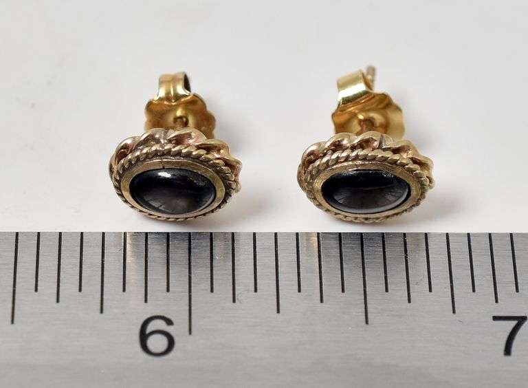 Simply Beautiful 10K Yellow Gold Black Star Sapphire Gemstone Stud Earrings