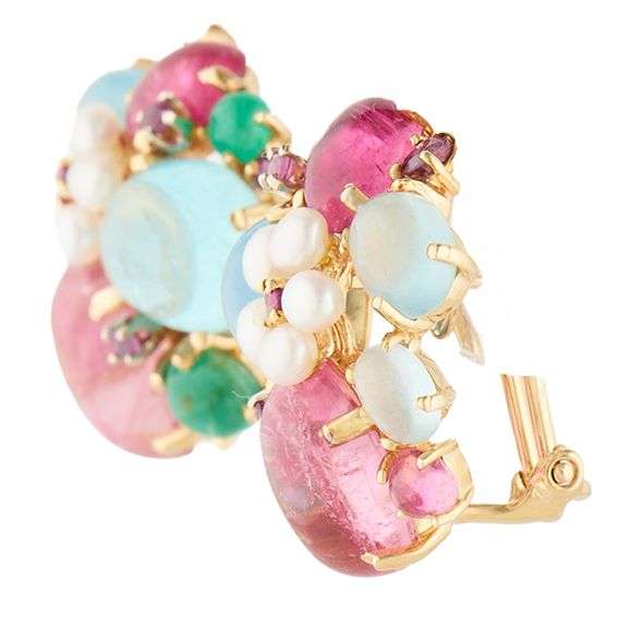 Multi-Colored Gemstone and Seed Pearl Omega Back Earrings in 14K