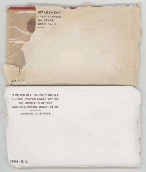 1962 & 1964 Uncirculated Mint Sets with 'P' & 'D' Mints. Nice coins, torn envelopes