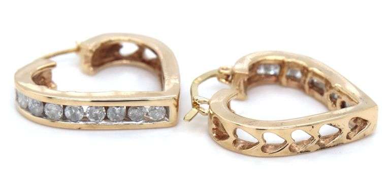 10kt Yellow gold channel set diamond heart shaped earrings