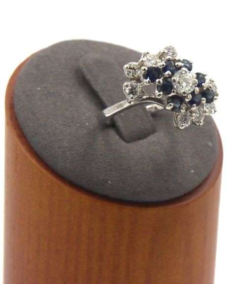 14kt White gold 1.15ctw diamond and blue sapphire cluster ring