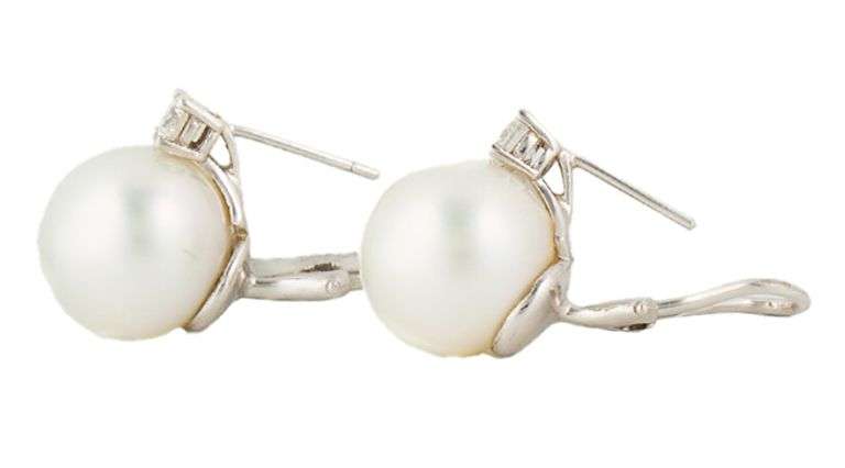 13.50MM South Sea Pearl and 0.50ctw Diamond Omega Back Earrings in 18K