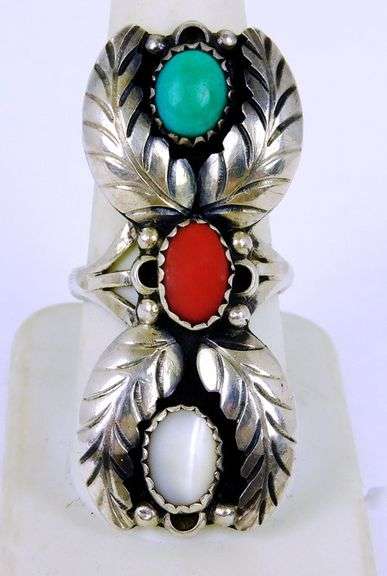 Native American Ornate Sterling Gemstone Ring, 8.5